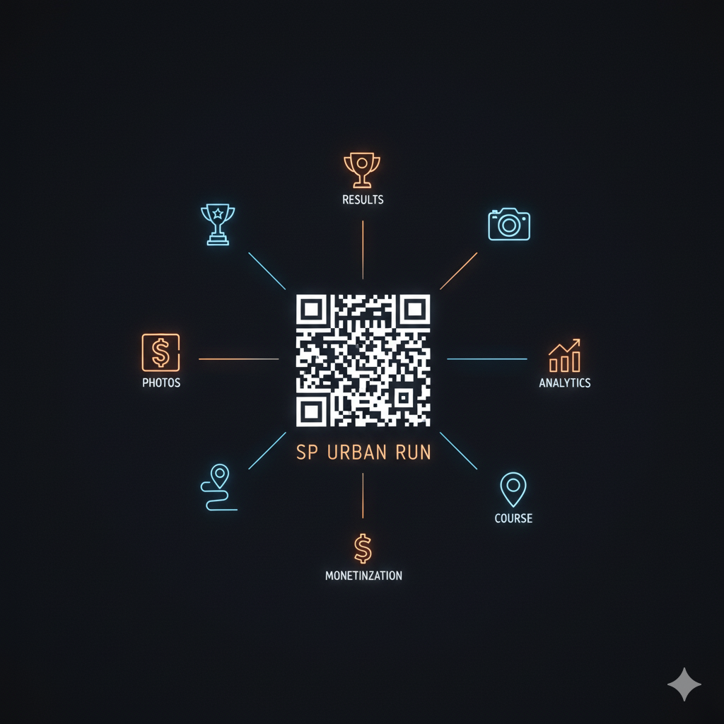 Um único QR code moderno em um número de peito, de onde saem ícones de várias funcionalidades.